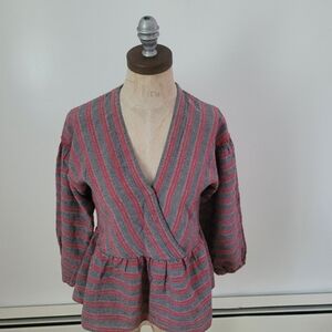 Madewell Balloon Puff Sleeve Peplum Blouse Gray Red Stripe XS